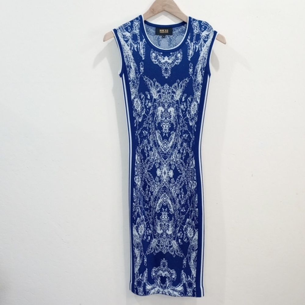 NK32 By Naeem Khan Metallic Knit Blue & White Damask Print Midi Dress -  XS